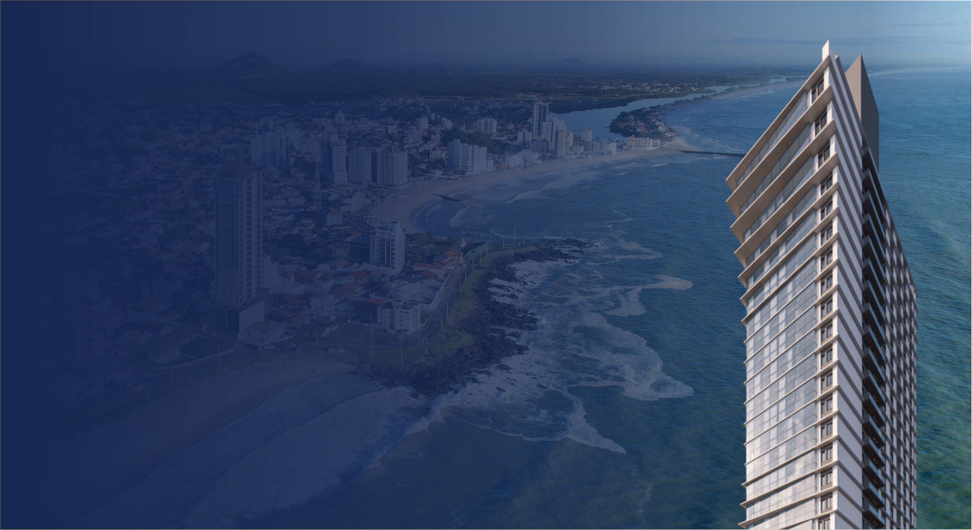 Vista aérea da torre do Infinity Sea and Sky, no Centro de Barra Velha, com a praia ao lado