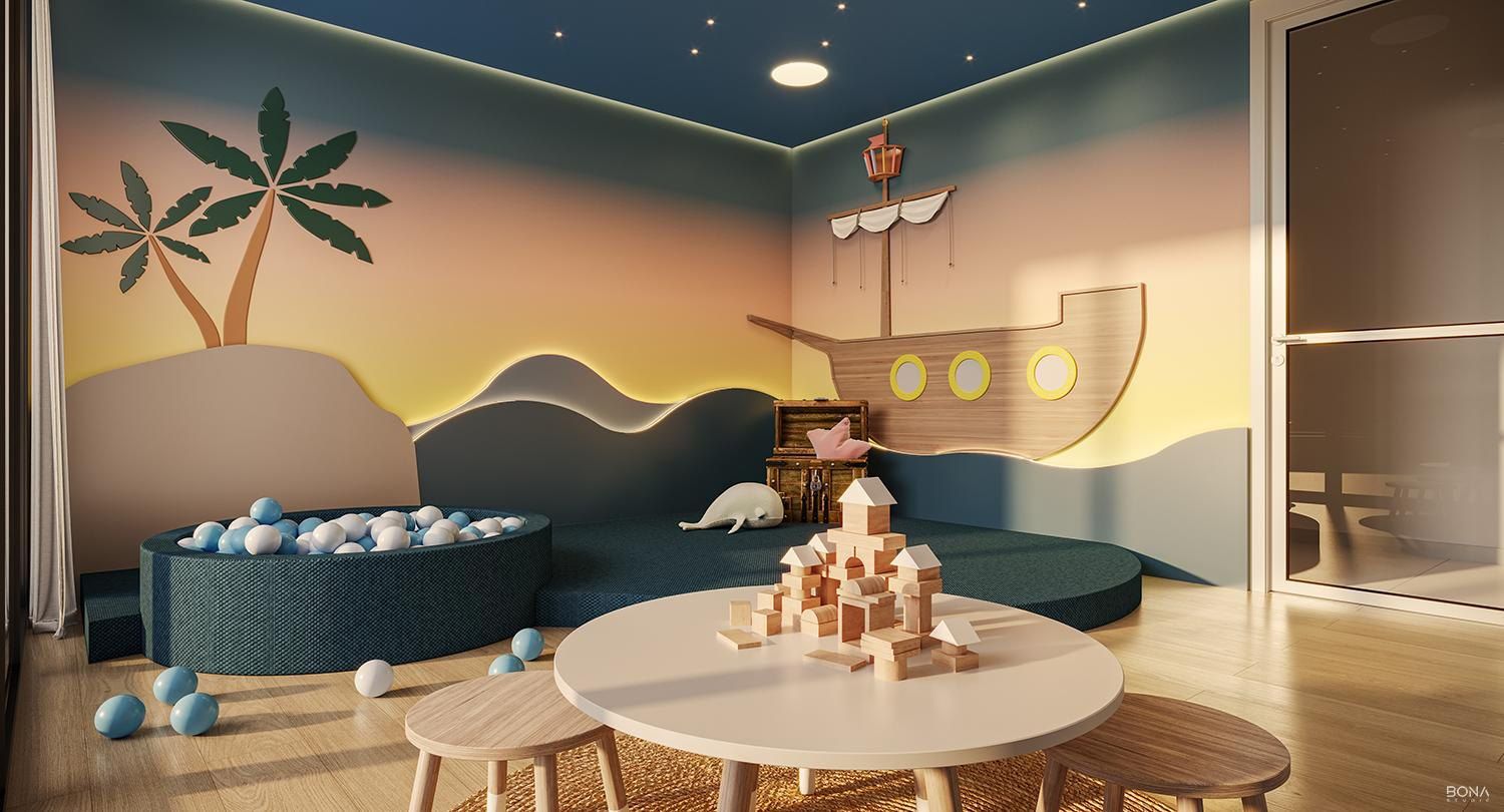 Brinquedoteca com decoração temática de praia