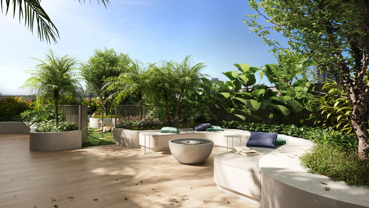 Jardim com bancos e paisagismo