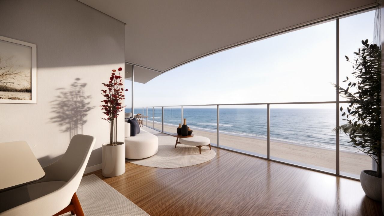 Living integrado à sacada em apartamento do Itajuba Boulevard, com vista para o mar