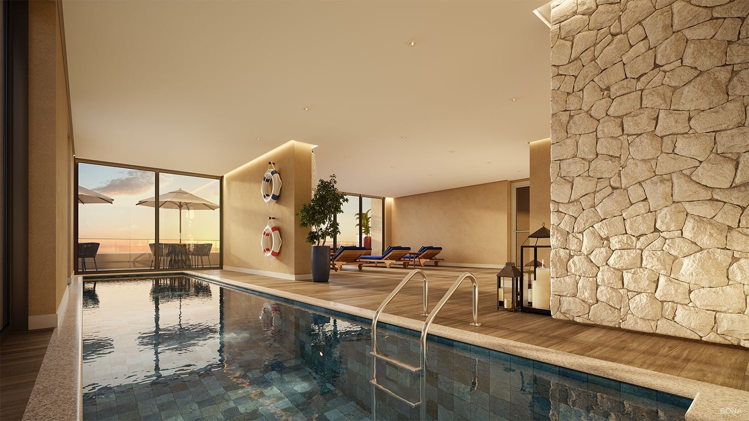 Piscina aquecida coberta com janelas para o mar