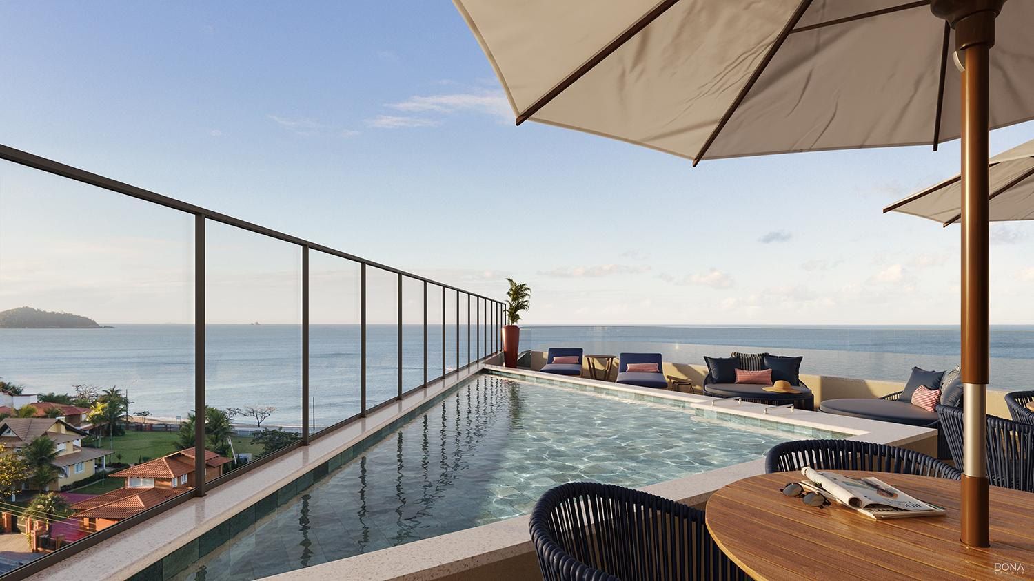 Piscina infantil climatizada com vista panorâmica do mar