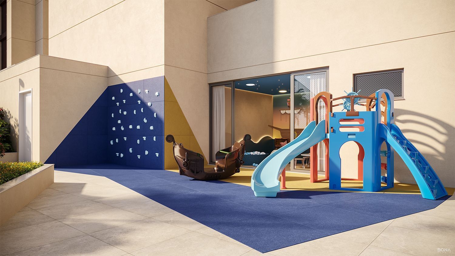 Playground com escorregador e parede de escalada