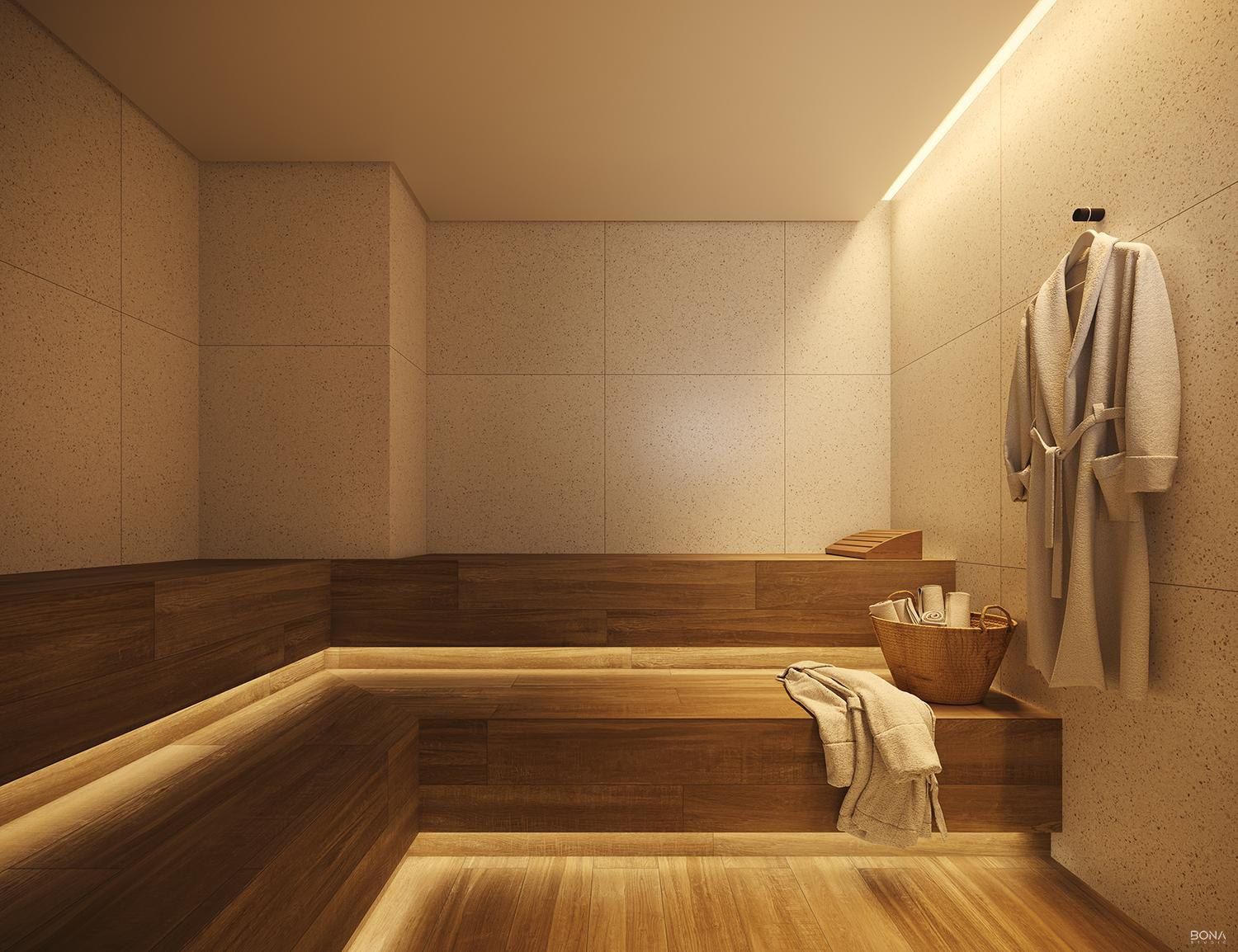 Sauna úmida com bancos de madeira e iluminação cênica