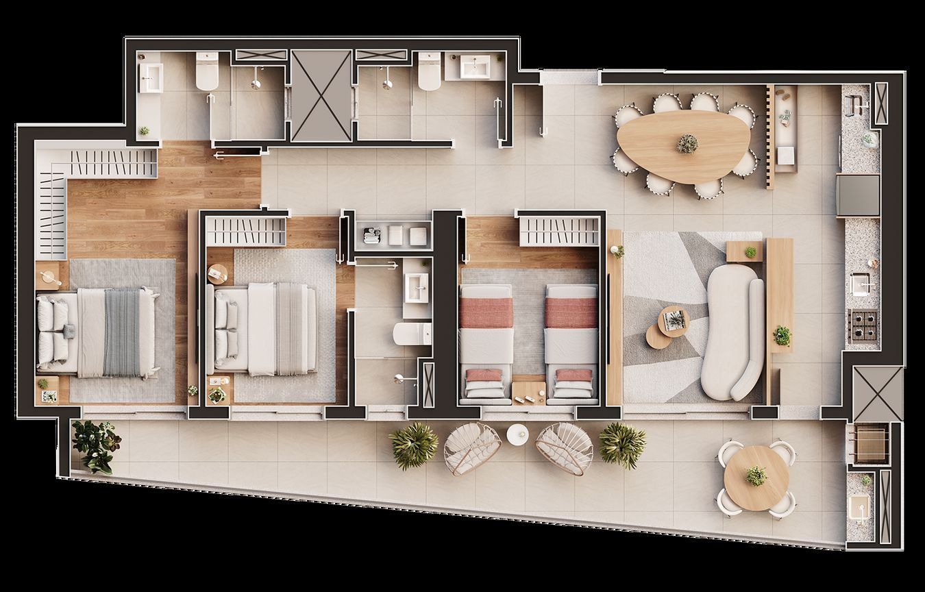 Planta do apartamento de 2 suítes e 1 dormitório, finais 02 e 03, do Navagio Home Club