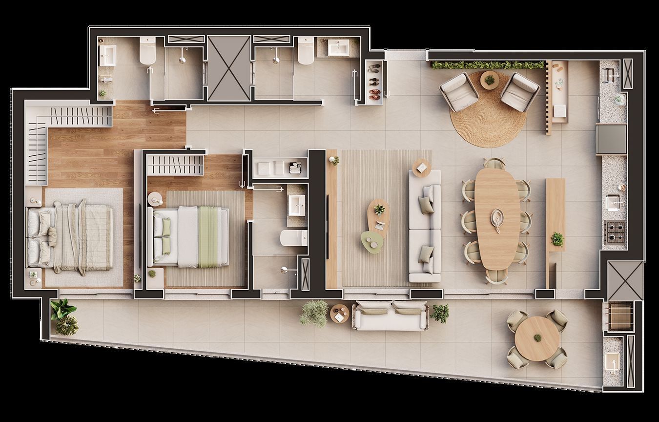 Planta do apartamento de 2 suítes, finais 02 e 03, do Navagio Home Club