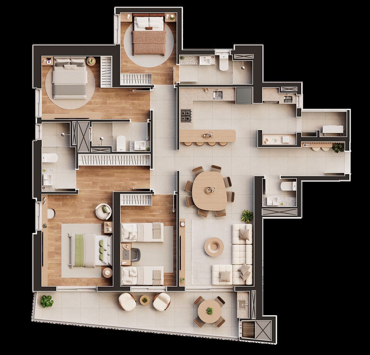 Planta do apartamento de 3 suítes e 1 dormitório, finais 01 e 04, do Navagio Home Club