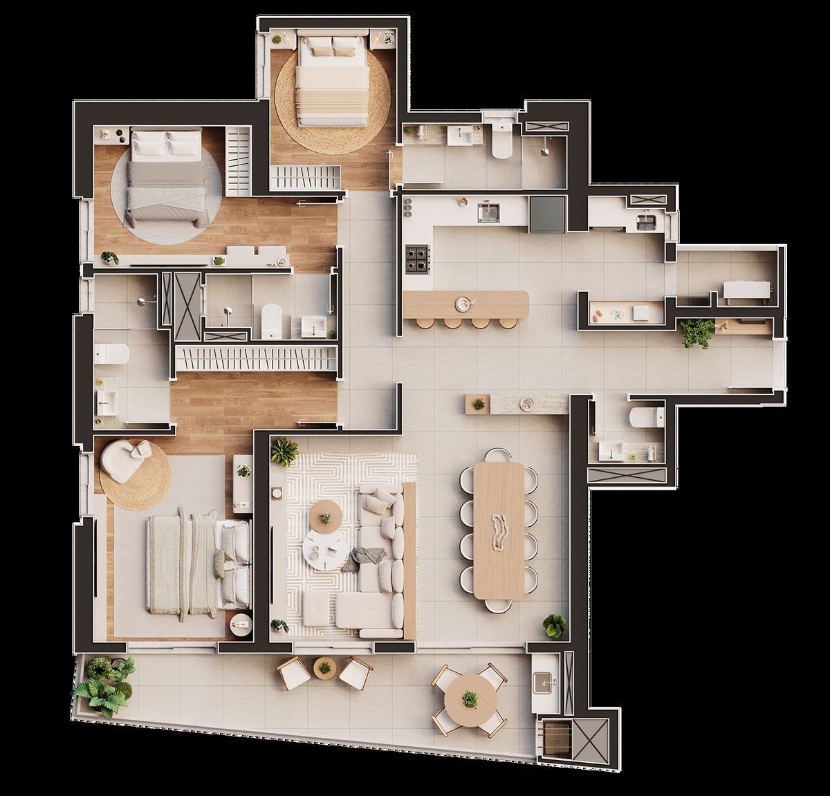 Planta do apartamento de 3 suítes, finais 01 e 04, do Navagio Home Club