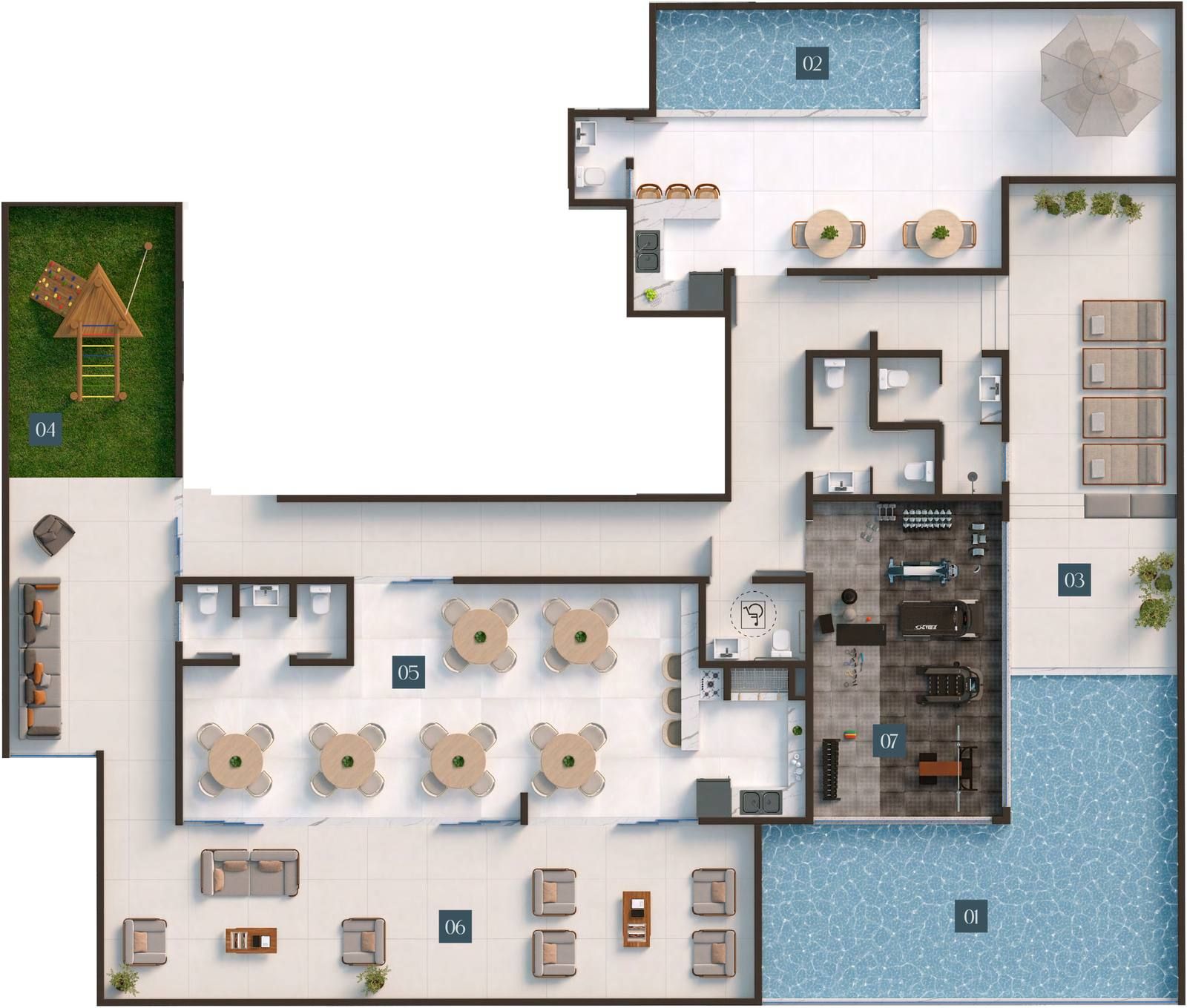 Implantação da área de lazer do 5º andar do Infinity Sea and Sky, com os sete ambientes numerados